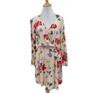 Roxy Dress Womens S Small Ivory Floral Crochet Split Sleeve V Neck Blouson